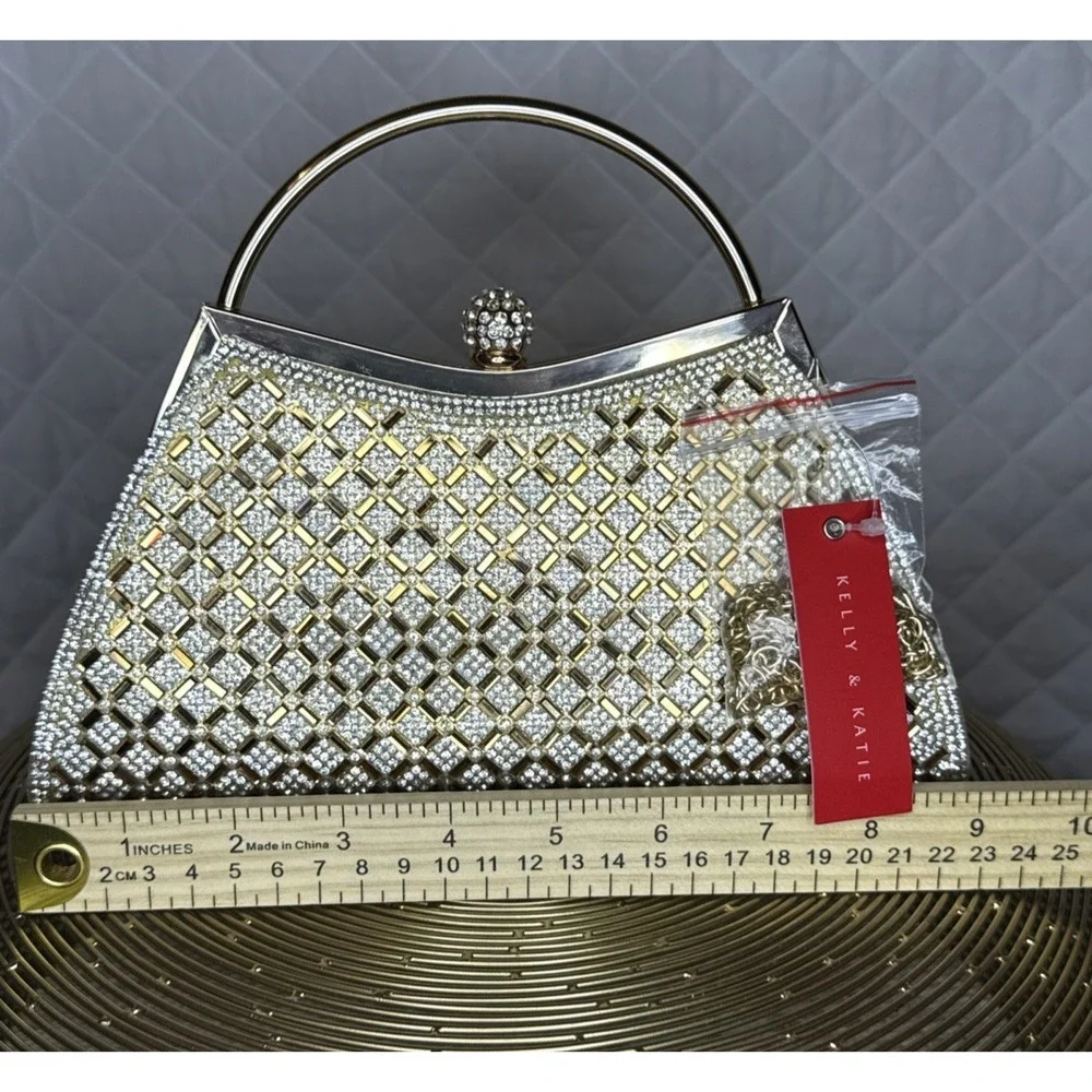 New with Tags Women’s Evening Bag Gala Gold Rhinestone Clutch Detachable‎ Strap